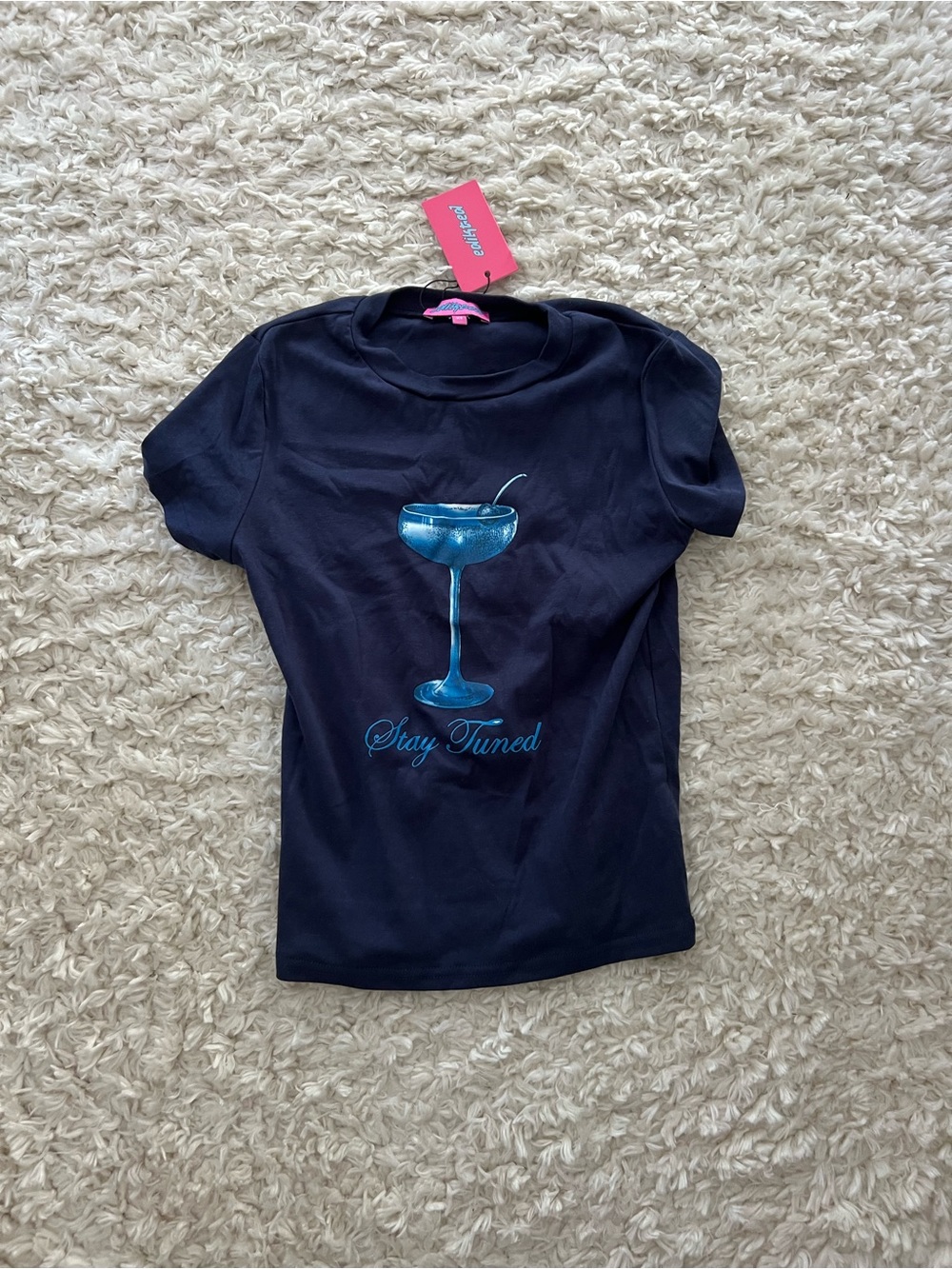 Edikted Navy Blue Tee with Shimmering Blue Cocktail Graphic